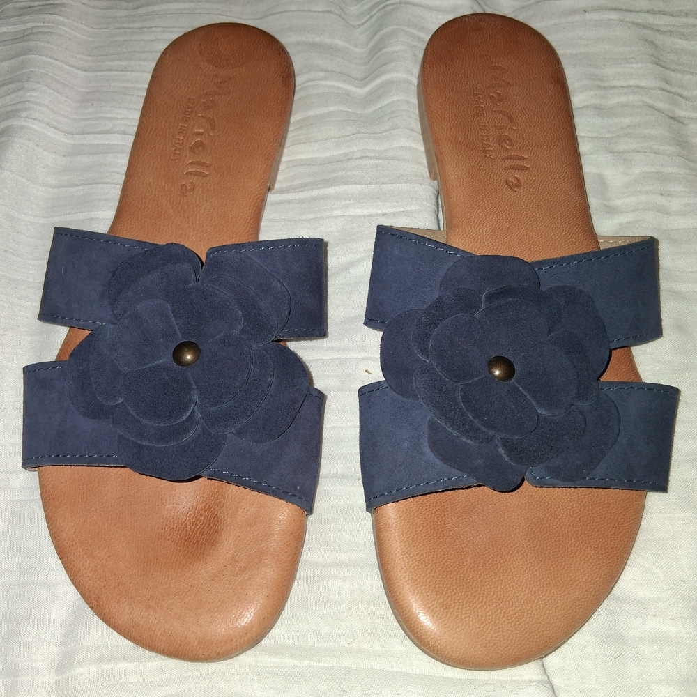 Navy Floral Italian Suede Slide Sandals - Unbranded